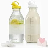 Essmilkee 32 oz Reusable Glass Milk Bottles with Leak Proof Lid and Pour Dispenser, 1 Liter Juice Bottles with Scale, Glass Pitchers with Sleeve, Milk Storage Containers for Fridge [2 Pack]