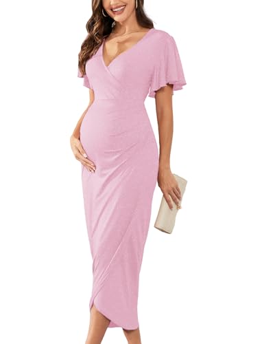 AISWI Vestido cruzado brillante de maternidad 2025, cuello en V, mangas con volantes, semiformal, para baby shower, sesión de fotos, fiesta, embarazo, Rosa claro brillante, S