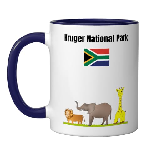 Kruger National Park souvenir South Africa flag safari lover Ceramic Mug, Dark Blue/White, 11oz