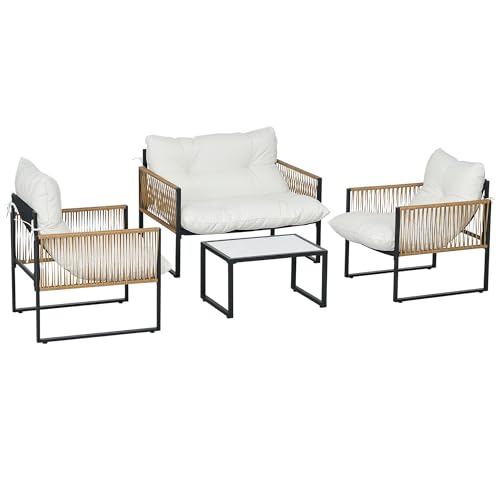 Outsunny Salon de Jardin extérieur 4 pièces mobilier de Jardin canapé 2 Places 2 fauteuils et 1 Table Basse Plateau Verre trempé 3 Coussins Acier et résine tressée...