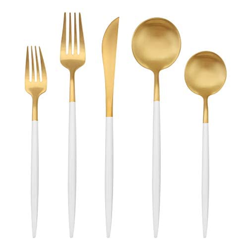 Juego de cubiertos dorado mate con mango negro, juego de cubiertos de acero inoxidable de 5 piezas, juego de cubiertos de vajilla para el hogar y el restaurante, apto para lavavajillas (blanco)
