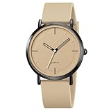 BESTKANG Fashion Simple Women Men Watches Luxury Quartz Silicone Waterproof Unisex Wrist Watches (Khaki)