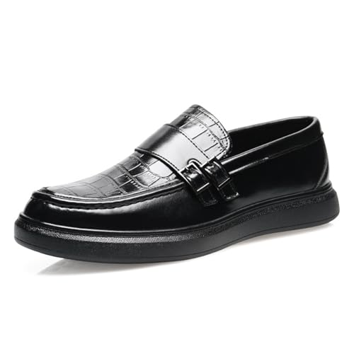 Men's Leather Printed Platform Loafers Retro Round Toe Double Buckle Soft Sole Non-Slip Business Work Shoes Slip-On Penny Loafers