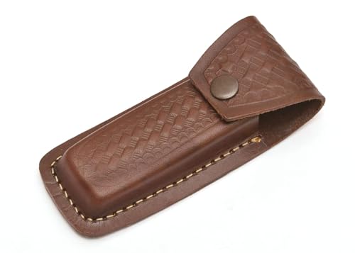 AL-SALAH-CRAFT Sheath Folding Knife Sheath with Button Clasp Brown Leather Embossed Basket Weave for Carrying Folding Knives and Accessories, 4.5-5.25”, Leather-Cover-001