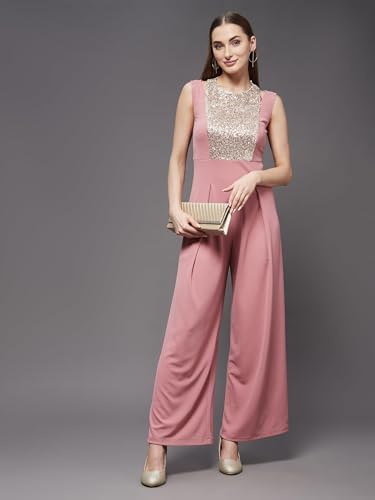 Image of Miss Chase Women's Halter Neck Sleeveless Solid Wide Leg Sequin Paneled Regular Length Jumpsuit