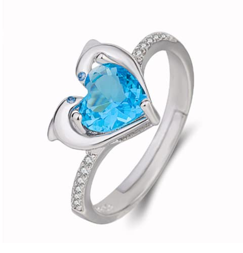 HUKQBUNX 925 Sterling Silver Women's Fashion Double Dolphin Heart-Shaped Diamond Ring Opening Creative Fashion Sapphire Blue Topaz Stone Dolphin Love Ring