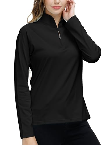 JINSHI Women's Long Sleeve Polo Shirts Moisture Wicking 1/4 Zip Running Sports Golf Tennis Tops for Ladies Black Size XL