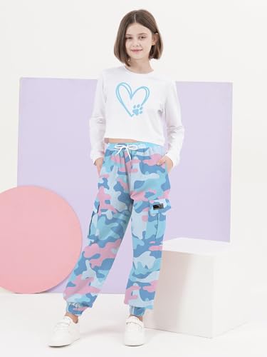 Image of SANGTREE Cute Clothes for Teen Girls, Long Sleeve Crop Tops Tee Shirts + Sky Blue Cargo Jogger Pants with Multi Pockets Elastic Waist,4-5T = Tag 120