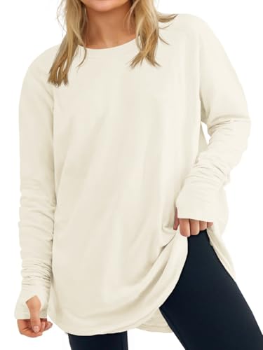 Women's Plus Size Long Sleeve Tunic Top Crew Neck Summer Oversized Fit Basic T Shirts Blouse Beige