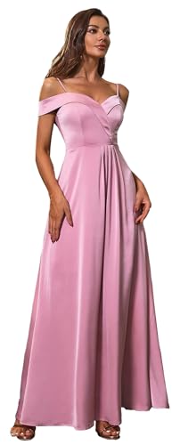 Angel-fashions Robe longue élégante en satin rose à épaules dénudées pour femme - Col en V - Robe de soirée sans manches, rose, 40