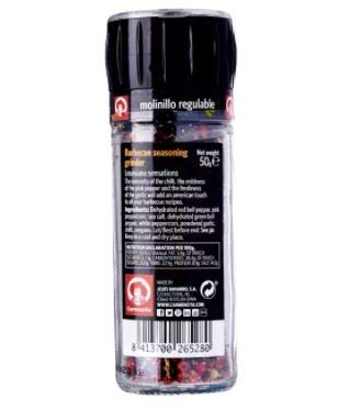 Carmencita Condimento para molinillo de barbacoa de 50 g. La suavidad de la pimienta rosa y la frescura del ajo añadirán un toque americano a todas tus recetas de barbacoa.