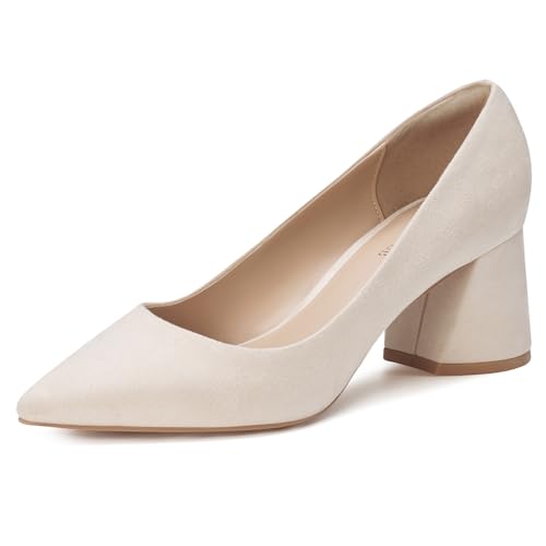 ALICEPUB Nude Suede Heels for Women - Closed Toe Chunky Block Comfy Pumps, Womens Formal Shoes for Evening, Wedding Guest & Business Casual, Professional Office & Work Heels, Size 9.5