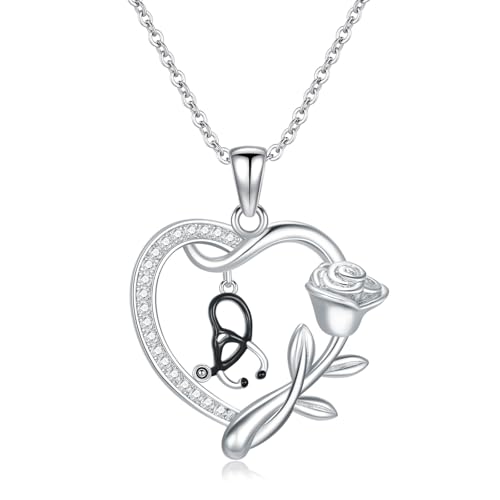 Collar de estetoscopio de plata 925 con colgante de corazón y circón brillante