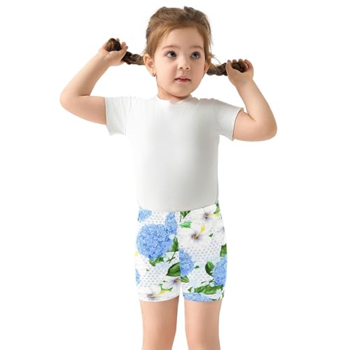 Girls Bike Shorts Blue White Floral Cotton Spandex Cartwheel Shorts for Summer Outfit Toddler, 4T3