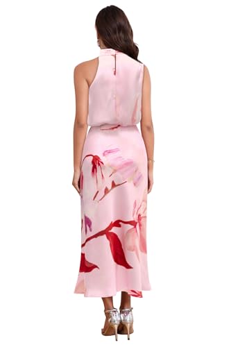 Image of Women's Satin Maxi Dress Summer Formal Wedding Guest Cocktail Dress | Mock Neck Sleeveless,Elegant Silk Midi Long Dress,High Neck,Halter,Aline,Bridesmaid,Bridal Shower Guest,Garden Party,Dinner