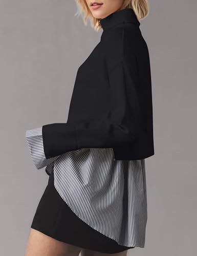 Women Asymmetrical Patchwork Sweaters Slit Turtleneck Pullover Sweater Dress 2 in 1 Sweater Shirt Tunic Sweater Tops4