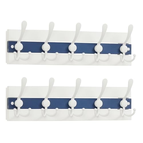 Image of SKOLOO Coastal Wall Mounted Coat Rack - 16-7 /8 inch Beach House Entryway Wooden Coat Hook with 5 Hooks for Hanging Coats, Hats or Towels, Oceanfront Cottage Core Collection, White & Blue, Pack of 2