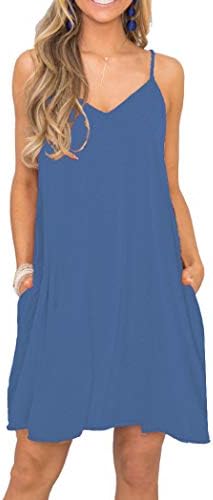 MISFAY Women's Summer Spaghetti Strap Casual Swing Tank Beach Cover Up Dress with Pockets (S, Beja Blue)