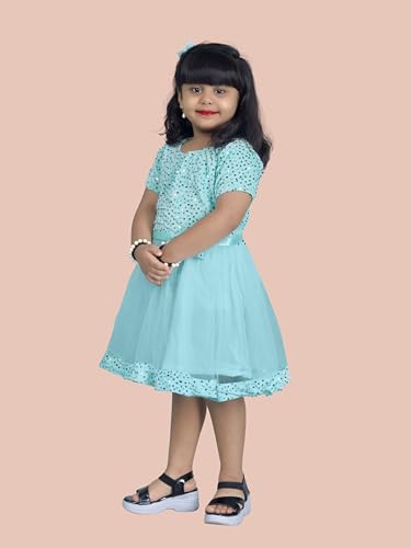 Image of Charming Girls' Kids Velvet & Net Frock with Knee-Length Short Sleeve A-line Round Neck Fit and Flare and Back Zipper Closure|Kids Dress for Baby Girls Birthday Outfit