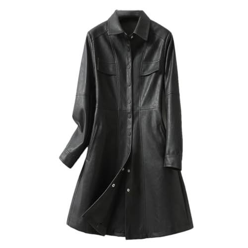 Midi Length Leather Trench Coat For Women Long Sleeve Covered Button Sheepskin Leather Outwear