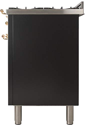 Ilve Upn120Fdmpm Nostalgie Series 48" Freestanding Dual Fuel Range With Natural Gas, 7 Sealed Brass Burners, Double Ovens 4.99 Cu. Ft. Oven Capacity Gas Conversion Kit Matte Graphite With Brass Trim #TOP6