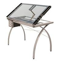 Maykoosh Mediterranean Mastery Drafting, Drawing Adjustable Top Hobby Table Writing Studio Art Desk with Drawers, 38''W X 24''D, Tempered, Silver/Blue Glass
