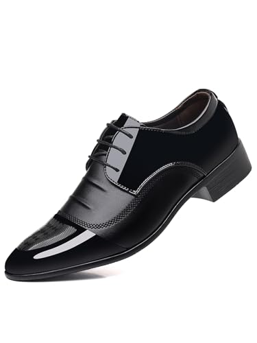 Image of Men's Trendy Patent Leather Tuxedo Dress Shoes Cap Toe Lace up Formal Business Oxfords Wedding Prom