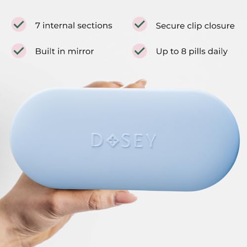 Image of Dosey 7 Day Pill Compact Travel Pill Organizer - Pill Case with 7 Pill Compartments for Medicine Storage & Protection - Stylish & Elegant Medication Organizer with Mirror (Blue)