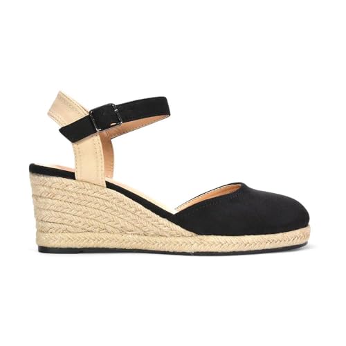 Womens Ankle Strap Wedge Ladies Platform Espadrille Black Closed Toe Buckle Shoes Size 3
