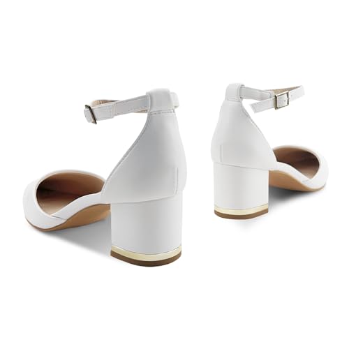 Women's Pointed Toe Low Chunky Heels Pump Shoes, Comfortable Heels for Women, Chunky Ankle Strap Dress Pumps Shoes for Wedding Office Party (White PU, Adult, Women, 9, Numeric, US Footwear Size System, Medium) by UMECOOL - Used condition - Image 5
