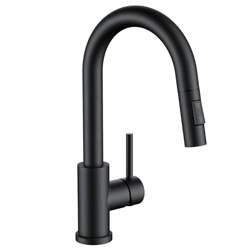 FORIOUS Black Bar Sink Faucet for Kitchen Sink Modern Single Handle Kitchen Faucet with Pull Down Sprayer Stainless Steel High Arc with Deck Plate for 1 or 3 Hole Suitable for Bathroom RV Camper
