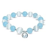 Natural Aquamarine Gemstone Beads Bracelet - Healing Cat Eye Crystal Stretch Bracelet with Lucky Sto