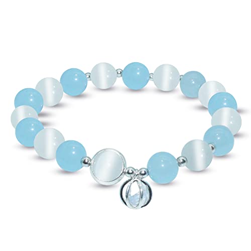 Natural Aquamarine Gemstone Beads Bracelet - Healing Cat Eye Crystal Stretch Bracelet With Lucky Stone Charm Protection Bracelet For Yoga Meditation Anxiety Relief Chakra Balance Gift For Women Girls #TOP18