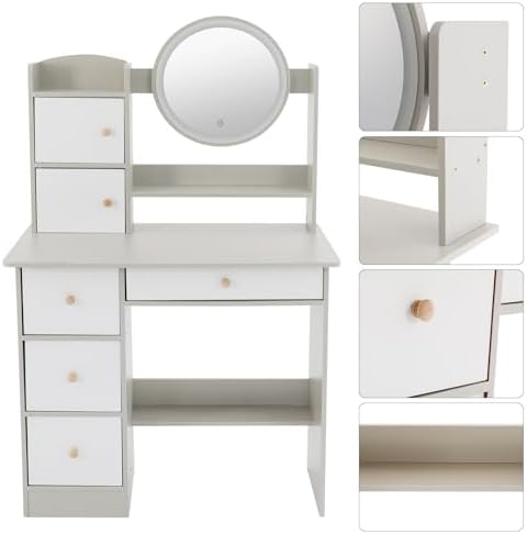 Grey Makeup Vanity Desk with LED Mirror, Princess Dressing Table for Girls, 31.5"x16"x51" with Storage Drawers & Shelves, for Kids & Teens