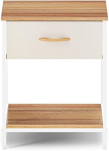 JRAO Nightstand 2-tier Metal Bedside Table Mini Bedside Storage Cabinet Small Chest of Drawers Low Sofa Side Table Narrow End Table for Living Room Bedroom Steel & Wooden White & Beige
