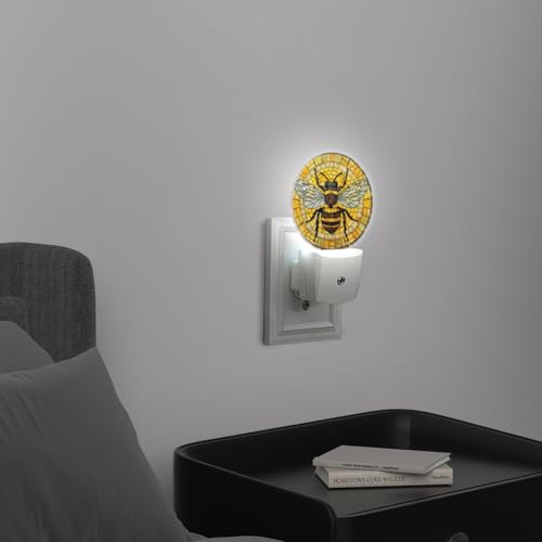 Image of Round LED Night Lights Lamp with Dusk to Dawn Sensor, 3D Circular Stained Glass with Bumblebee Night Light Plug Into Wall for Kids Room, Bedroom, Bathroom, Kitchen, Hallway