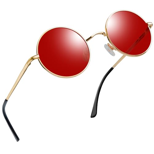 Joopin Redondas Rojas Gafas de Sol Hombre y Mujer Disfraz Cosplay Fiestas Halloween Círculo Metálico Steampunk Retro Vintage Hippies Sunglasses Men Women