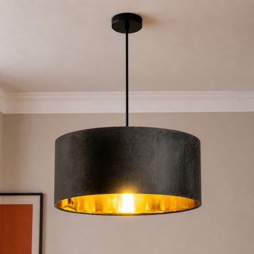 Image of CGC Lighting Modern Large Velvet Fabric Lamp Shade 45cm Diameter 20cm Height with Reflective Inner Drum Pendant Table Lamp Bedroom Dining Room Lounge (Black)