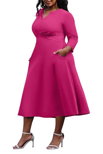 Image of Nmoder Women's Plus Size Stretchy Flared Wrap Dress Casual Wedding Guest Midi Dresses V Neck 3 /4 Sleeve A-Line Swing Dress