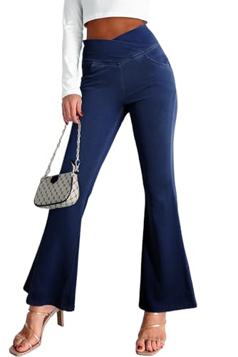 Dusk Blue Solid Flare Jeans - High Waist with Crossed Waistband for Comfort