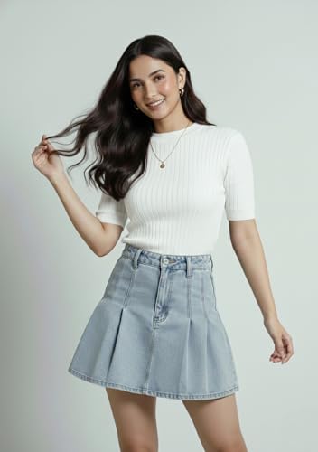 Image of Women Ribbed Knit Top | Solid Slim Fit Half Sleeve Top for Women | Stretchable Casual & Office Wear T-Shirt