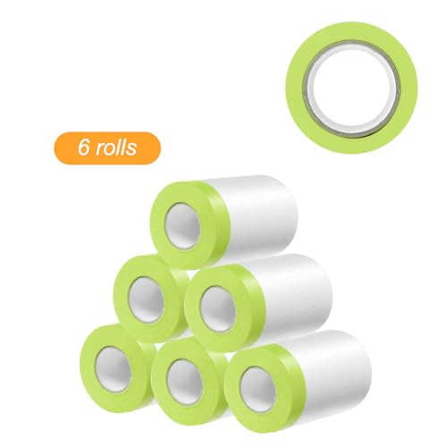 Image of HARFINGTON 6 Rolls Pre-Taped Masking Film 21.7 inch x65.6ft Tape and Drape Painters Plastic Drop Cloth Film with Tape Plastic Sheeting for Automotive Painting Covering, Green