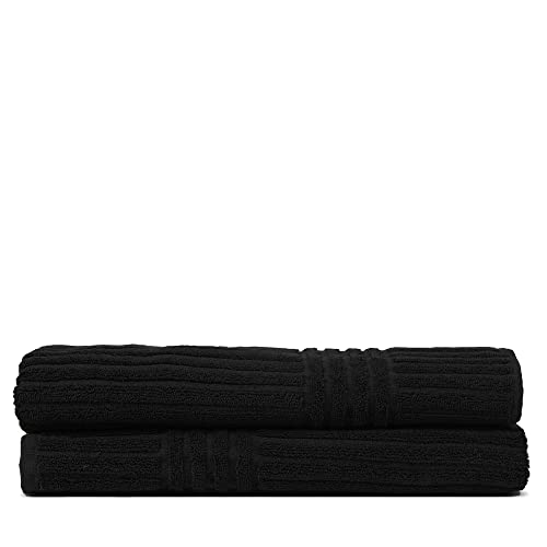 Bare Cotton Luxury Hotel & Spa Towel 100% Pure Turkish Cotton Ribbed Channel Pattern - Bath Towel - Black - Set of 2