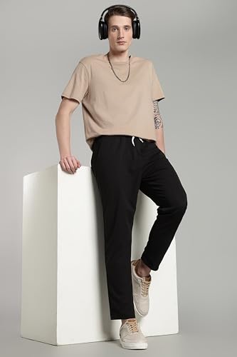 Image of SWADESI STUFF Men's Cotton Blend Track Pants, Black, Comfort Fit with Drawstring, Side Pockets for Regular Wear, Sports, Joggers