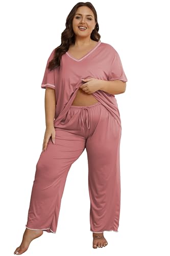 Image of Vozanet Women's Plus Size Pajama Sets Short Sleeve Long Pants Solid Color with Piping Trim Elegant Loungewear Cozy Sleepwear