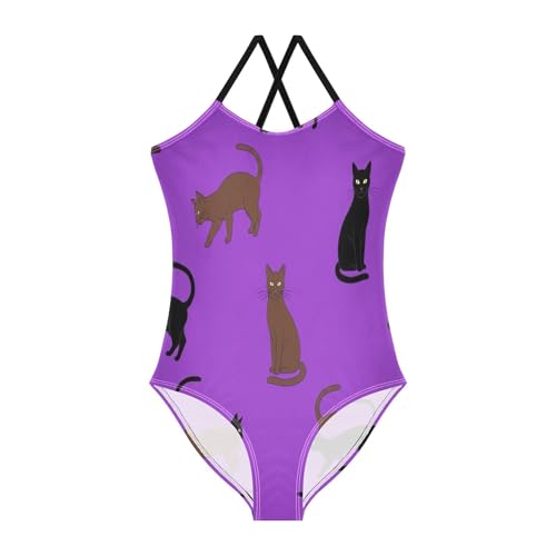 Brown Black Cats Purple One Piece Girls Swimsuit, Beach Swimwear 3-10 Y with Adjustable Shoulder Strap, 3-10 Y
