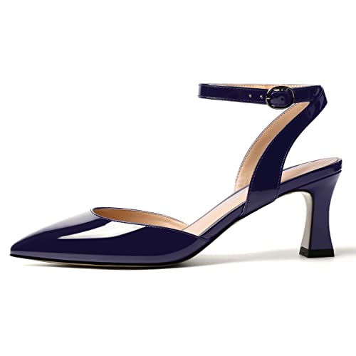 SKYSTERRY Women's Patent Ankle Strap Slingback Wedding Buckle Pointed Toe Casual Spool Mid Heel Pumps Shoes 2.5 Inch2