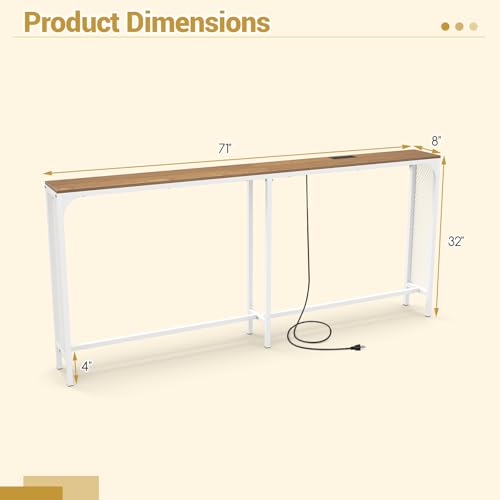 GOFLAME 71” Console Table with Power Outlet, Long Narrow Sofa Table with Charging Station, Metal Frame, Behind Couch Tables, Industrial Entryway Tables for Living Room, Hallway (Natural & White)