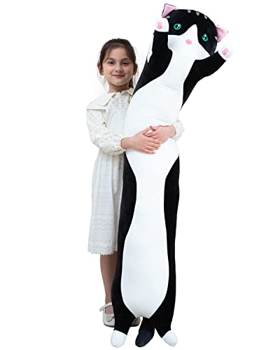 Image of Giant Cat Pillow Plush Cartoon Kitty Sleeping Hugging Pillow, Cuddly Soft Long Kitten Body Pillow Doll Cat Cushion Toy for Kids Girlfriend (Black, 70cm / 27.55inch)