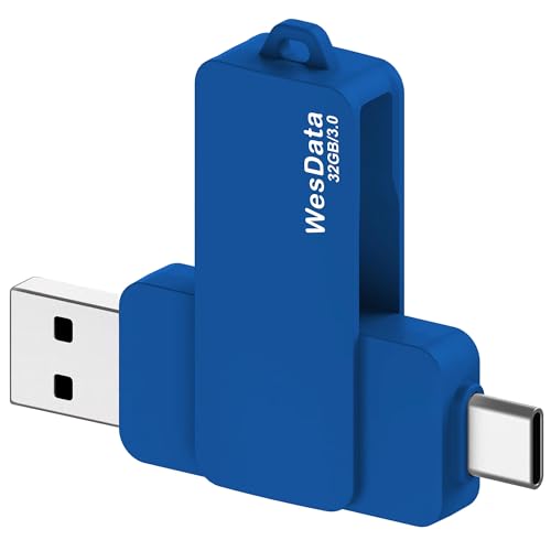 WesData 32GB 3.0 USB C Flash Drive with Type C and Type A Port, USB C Thumb Drives Storage and Backup for Smart Phones with OTG Function and Type C Port, Laptops, MacBook, PC(Blue)